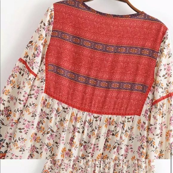 Boho Floral Vintage Gypsy Print 70’s Dress Red - Picture 7 of 13